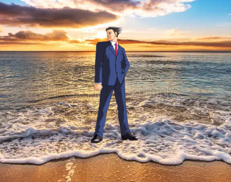 Character Phoenix Wright standing on a beach